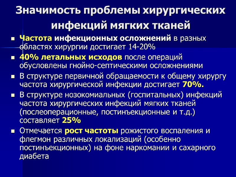 Значимость проблемы хирургических инфекций мягких тканей  Частота инфекционных осложнений в разных областях хирургии